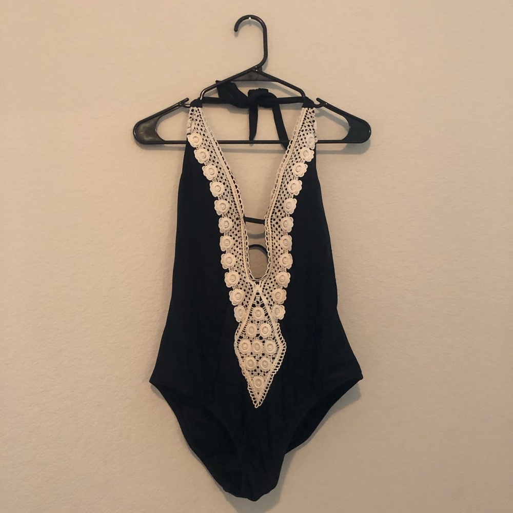 Crochet trim plunge one piece swimsuit